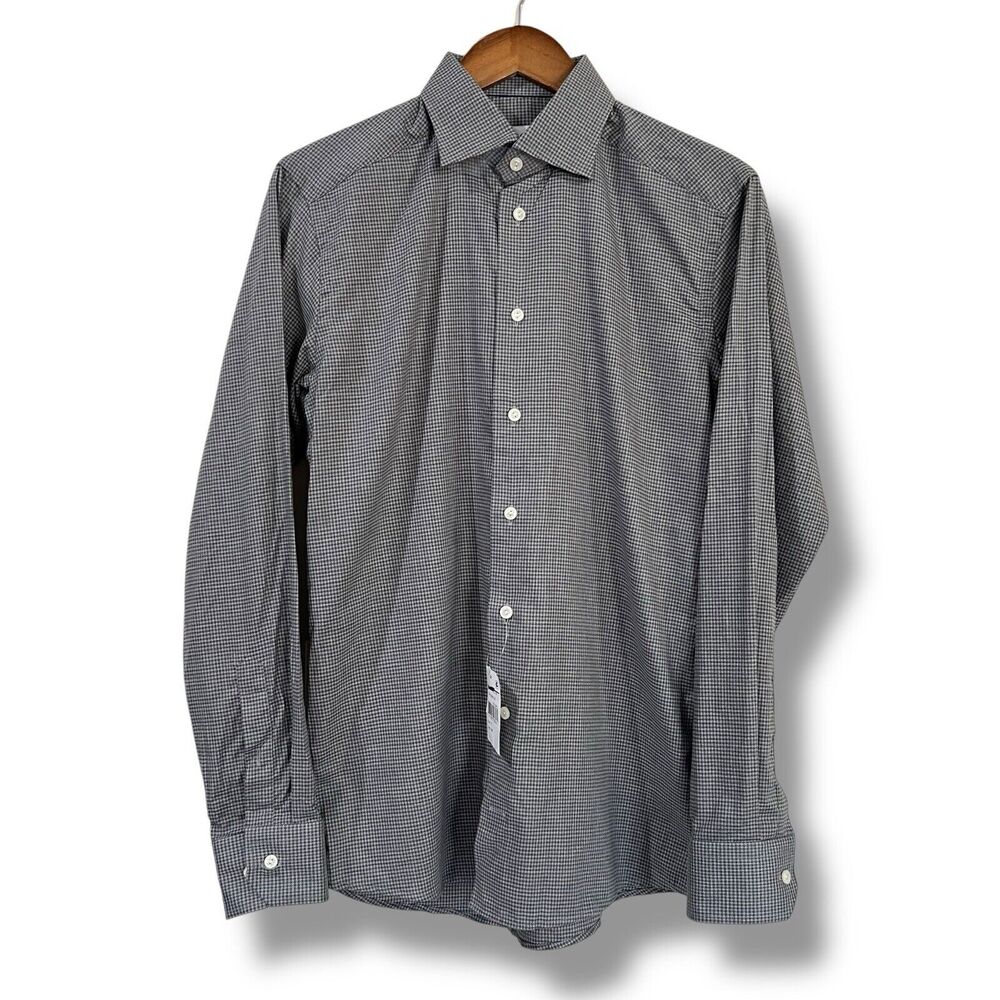 NWT Eton Mens 15 38 Slim Microcheck Cotton Flannel Dress Shirt Gray Luxury
